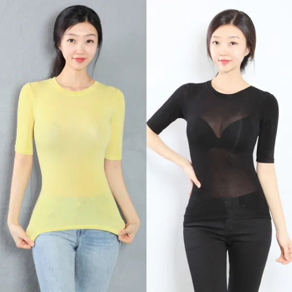 스타킹 텐셀 5부 시스루티셔츠 클럽의상 여름 라운드 슬림 섹시티셔츠탑