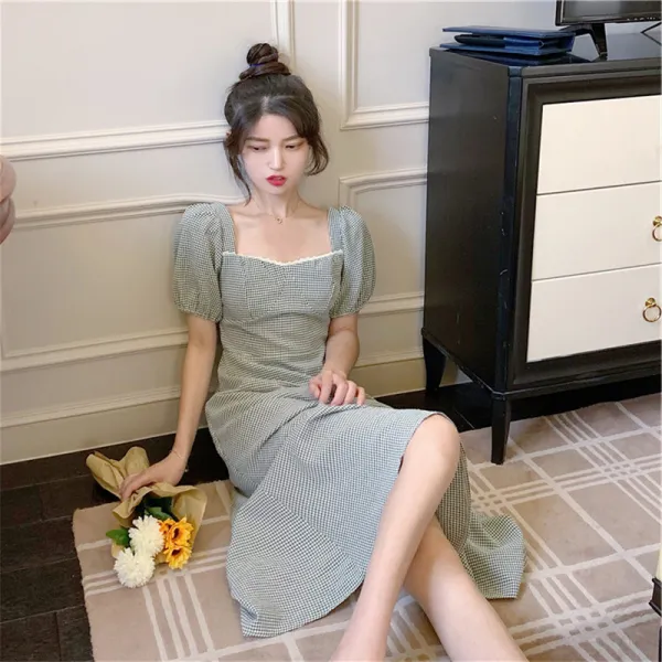 소금기가 있고 단 키에 키가 커 보이는 여신룩 프렌치 어깨 그린 원피스 여 하의