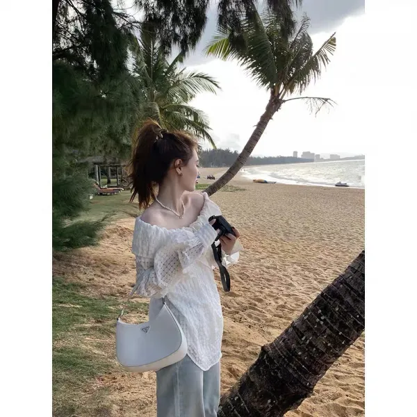 오픈숄더스타일 진저리나다 저녁때 스트랩 옷깃의 둘레 퍼프 칸 여성 봄 여름 룩 2022 와이드 루즈핏 4641941230