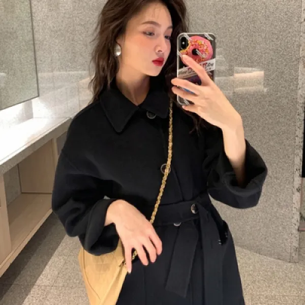 DAPANDA 반 시즌 스퀘어 블랙 싱글 더블 캐시미어 코트 여미 하프 벨티드 울 코트