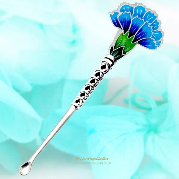  골드앤실버 순은 칠보 귀이개 애교예단 고급선물 실버99% 카네이션 꽃 귀후비개 1_블루 순은 귀이개