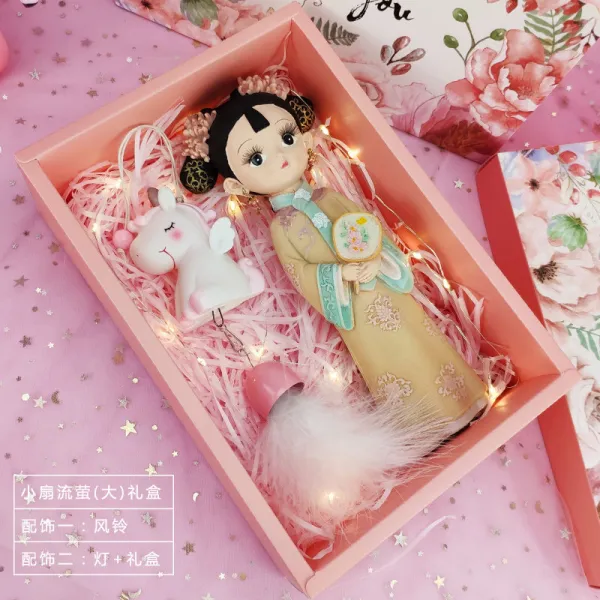 인 스 창의 생일 선물 소녀 심 잡화 점 가구 사무 탁자 거실 장식 공예품 귀엽다 큰 선풍기 개똥벌레 + 풍령 + 등 + 선물 상자, 상세페이지 참조
