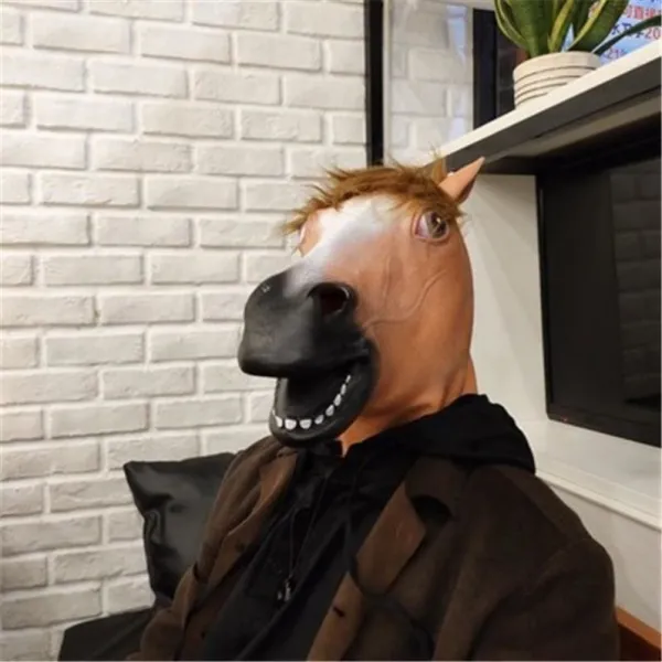 가면 나티상 게임 파티 돼지머리 풀페이스 귀여운 말머리 사람머리 풀오버스커트 년말파티 콘서트 T02 갈색 말 선글라스+시가 소품 