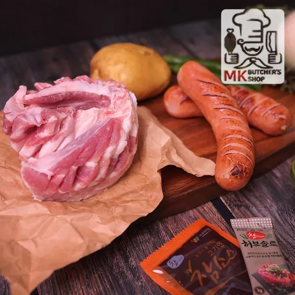 미트킹 [한돈1+등급]냉장 벌집삼겹살(250g) +한돈 수제소세지 [나혼자!세트], 1세트, 나혼자세트