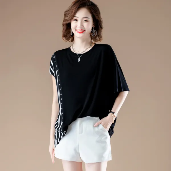 구월맥묵 스타일리쉬 패치워크 반팔티셔츠 여성 여름옷 디자인 감각 상의 트렌드 반소매티셔츠