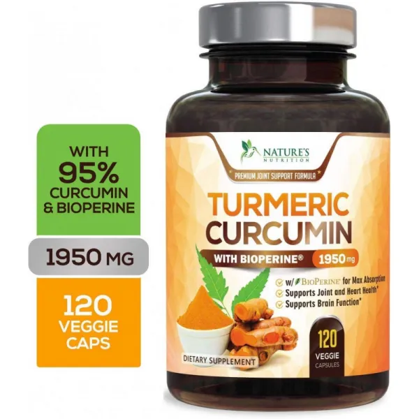 심황 Curcumin 95 % Curcuminoids 최고의 흡수를위한 Bioperine Black Pepper 함유 최고 효능 1950mg 미, 1