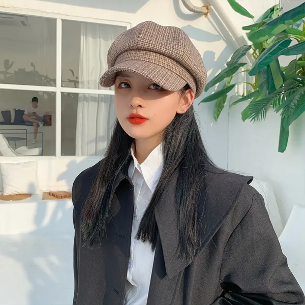 Jiangcheng 가을 겨울 패션 헌팅캡 체크 베레모 여 브리티시 앤티크 페도라 치노 보동격 팔각모자m10280