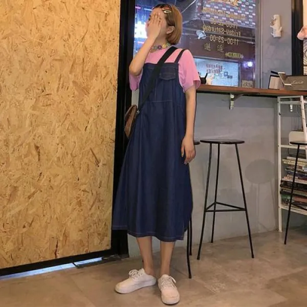 여성 가을 겨울 데일리룩 원피스43 위안의 실제 가격 제어 가격! 한국 복고풍의 장난기있는 포켓 주름진 다용도 데님 스트랩 드레스