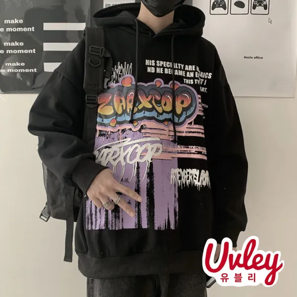 유블리 남성 루즈핏 후드티셔츠 2color 프린팅 후드 힙한 트렌디룩(UV216271WD) 후드티