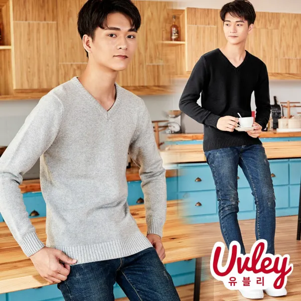 유블리 남성 브이넥 기모 니트 따뜻한 섹시한 남자st 당신은 내게 빠졋어 두꺼운 스웨터(UV216241WD)