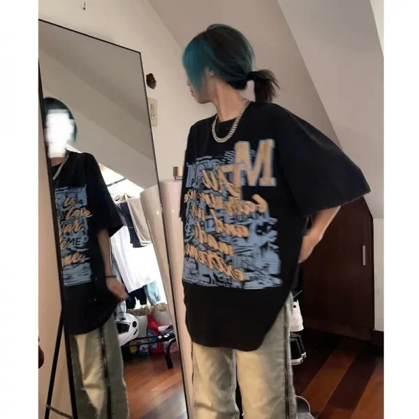 여름반팔티 아메카지스타일 클래식 정견 t셔츠 여성 2022 년 와이드 루즈핏 휴 한가하고 자유롭다 특 4846799272