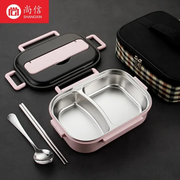 304 스테인레스 스틸 도시락 샐러리맨 보온 학생식당 별칸 심플 1인 겹체크 핑크 1000ml있음 자루 증