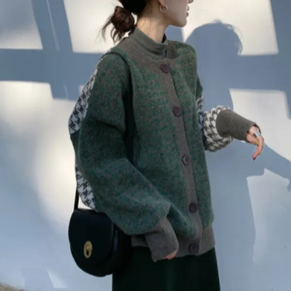 레일가디건 바둑판 체크 라운드넥 시보리 여성 신상가디건