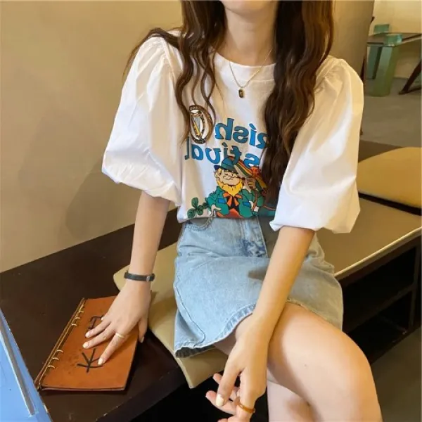 HOZHOU 흰색 여성반팔티 귀엽다 캐릭터 날염 데일리