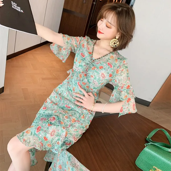 뷔스티에 Miuco중공 구슬꿰미 V넥프릴 불규칙아랫단 배치매다는 달린원피스 투피스 여성패션 2020여름뉴