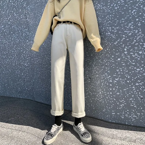 블랙 기모 융 여성 겨울 가을 하이웨이스트 날씬해 보이는 광활 다리 노친미 화이트 일자 통