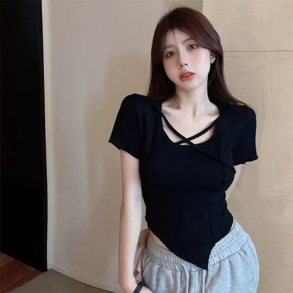 반팔 티셔츠 여성 여름 디자인감 소박하다 색다르다 불규칙 짧은 셔츠 저고리 인스타그램 화이트-원단S 권장 70-90근