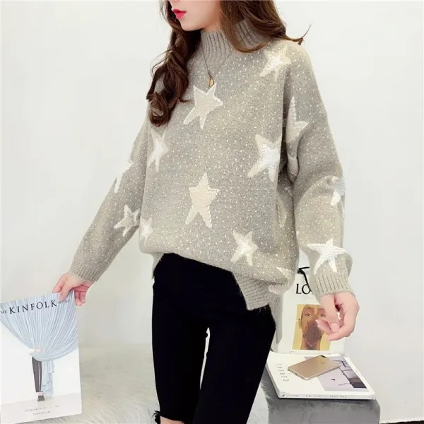 초록무역 해외배송 럭셔리 별패턴 터틀넥 루즈핏니트