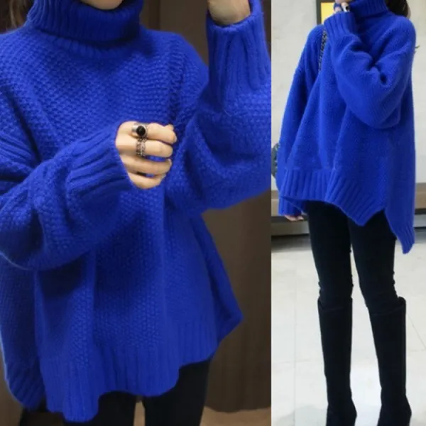 마음까지 따뜻해지는 시간2019 가을과 겨울 새로운 보물 칼라 높은 칼라 게으른 바람은 매우 부드러운 부드러운 우유 파란색 스웨터 여성 느슨한 외부 착용 머리입니다37681