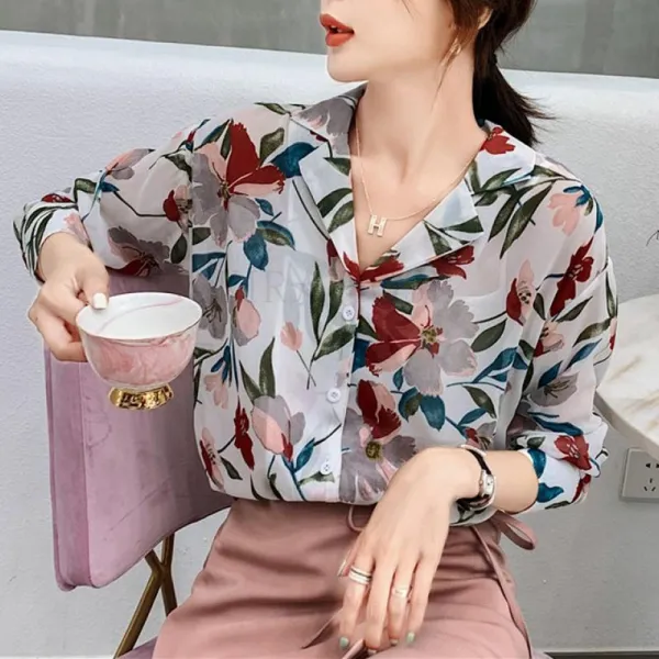 Kirahosi 가을 간절기 여자 플로럴 셔츠 쉬폰 블라우스 + 덧신 증정