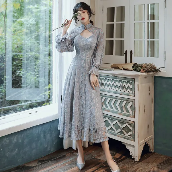 차이나드레스 중식 개량 치파오 저녁 예복 분위기있는 연회 긴팔 년말파티 미들롱타입 평소 착용가능 원피스