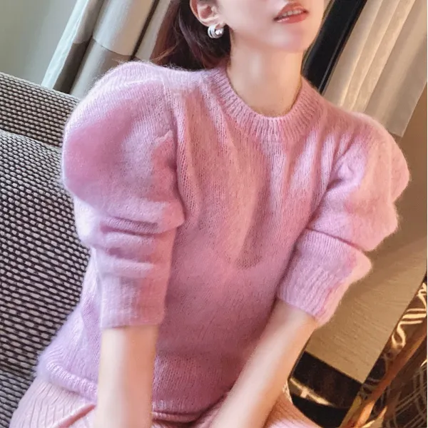 앙고라니트 털옷 여성우아한 핑크 벌룬소매 소프트 원형깃 빅헤드침 뜨게셔츠 유럽산