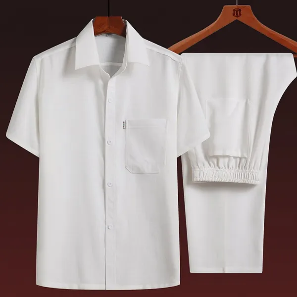 중년 및 남성 반팔 리넨 셔츠 여름 느슨한 옷깃면과 리넨 삼베 모시옷