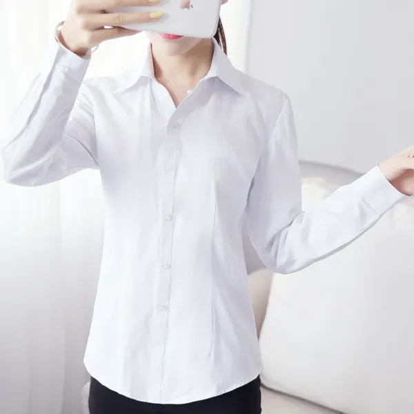 작업복 2020모던블루 색사선 셔츠긴팔 오피스 V깃 칼라슬림한스타일 정장 흰색셔츠 여성패션, C02-화이트 트윌 V넥 긴팔