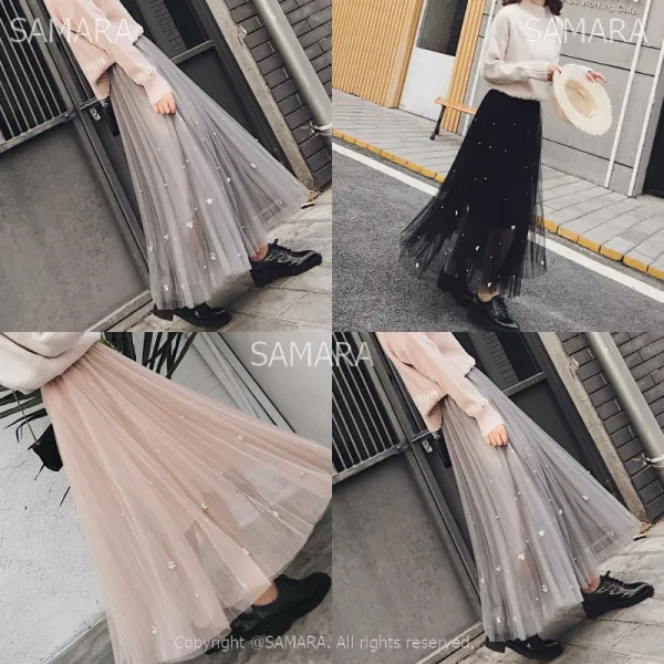 Qterra 특허브랜드 데일리 풀스커트 큐빅 롱치마 망사스커트 밴딩
