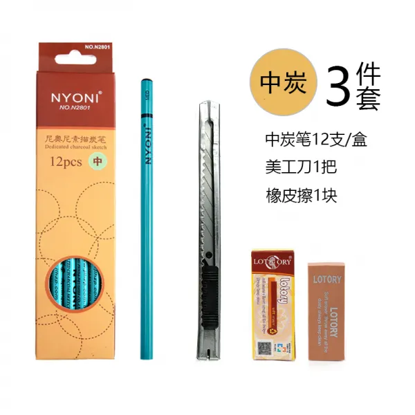 콘테 nyoni콩테 유연탄 중탄 단단한숯 미술 회화 소묘 스케치 사생그림그리기 전용 콩테, T06-중탄 12개+커트+지우개