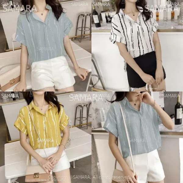 Qterra 특허브랜드 여성 블라우스 린넨 반팔 셔츠 줄무늬 남방 빅사이즈