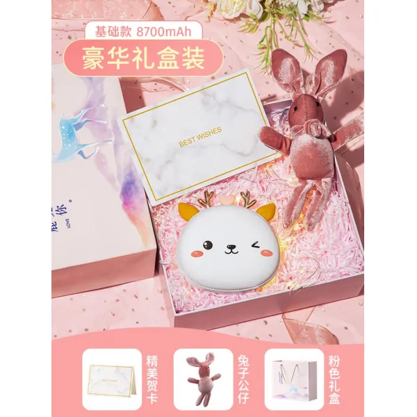 캐릭터모양 보조배터리 손난로 여자친구선물, E.사슴여동생8700밀리암페어+네모난온도조절