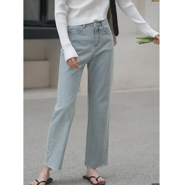 스 실크 청바지 여 여름 얇은 하이웨이스트 허리 날씬해 보이는 털 끝 단통 초 현아 바람 9부 와이드 팬츠