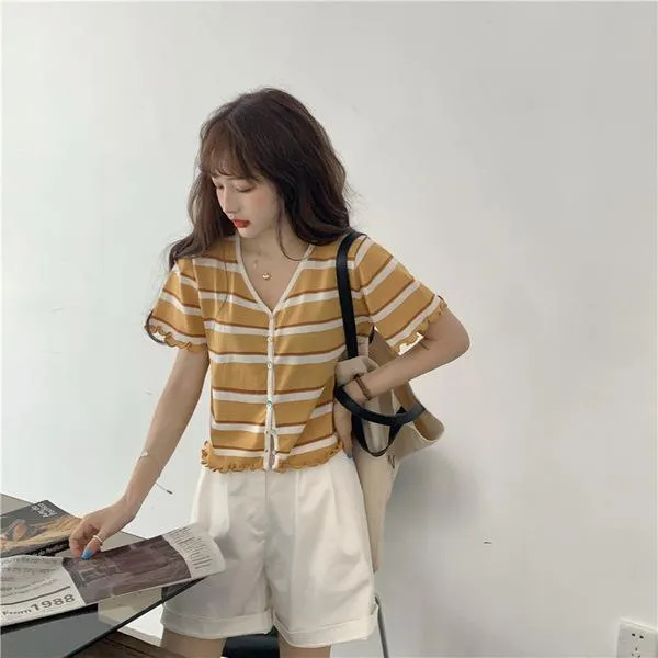 브이넥 레이스 스프라이프 반팔 니트가디건 4색 컬러