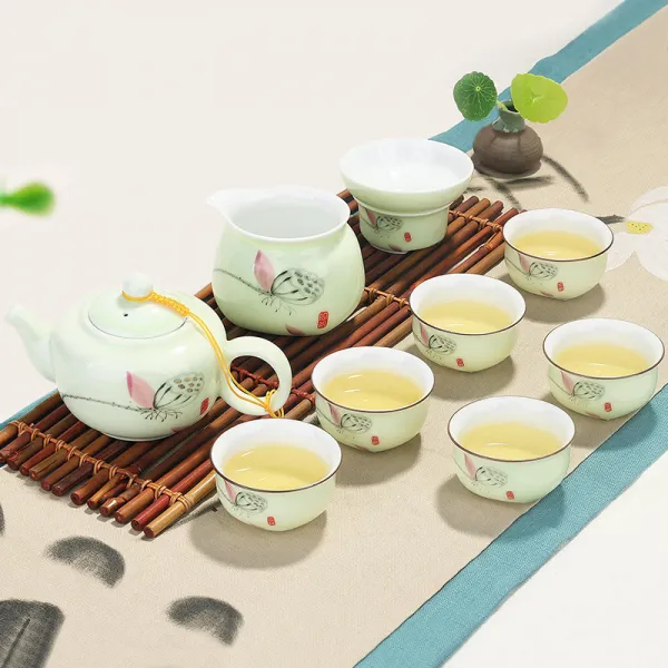 디어 청자 어류 찻잔 음미 도자기 쿵푸 다기 가정용 주인 잔 차 개인 간략 10건커버 티팟 비취 연꽃