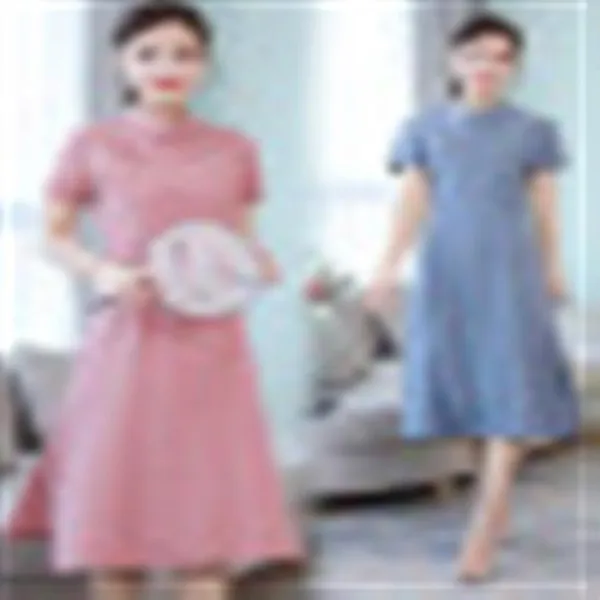 훙시치파오 원피스 여름 2019 신상 중장년층 여성복 개량형 단맛의 중국풍 순면 어머니룩 핑크색 M 단일상품