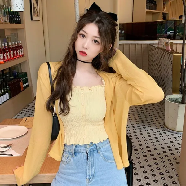 소금기가 있고 단 키에 달콤한 네트레드 긴팔 자외선 차단 카디건 나무 귓가에 날씬해 보이는 나시