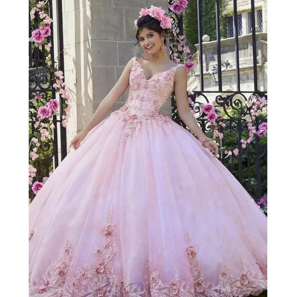 핑크 싸구려 Quinceanera 드레스 볼 가운 깊은 v목 얇은 명주 그물 Appliques 푹신한 달콤한 16, 12, 보라색