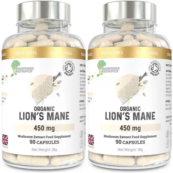 Brainpower Nootropics 영국 Organic Lion's Mane 유기농 사자 갈기 버섯 450mg 60캡슐 x 2팩, -