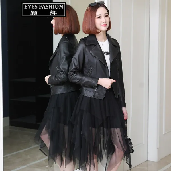 EYES FASHION 진짜 가죽 여성용 가죽옷 짧은 옷차림 수입하다 면양가죽 외투 봄가을 새로운 스타일 슬림핏 재킷 캐주얼 얇은 모양 기관차복 스탠드 칼라 상의