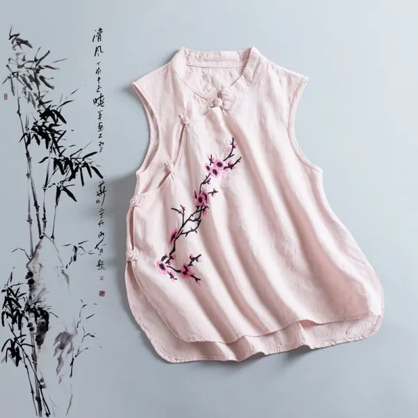 무생채 여름 민소매 린넨 나시 차이나 빈티지 자수 하이넥 사선단추 마소조끼