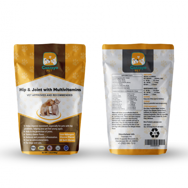 Gaazayo Pet [2+1] 글루코사민+MSM 16000mg 소형견 40일치 관절영양제+멀티비타민 Hip&Joint with Multivitamins Soft Chews 반려견 반려묘 가능[미국직구3일배송보장] 미국수의사협회추천&승인, 1팩