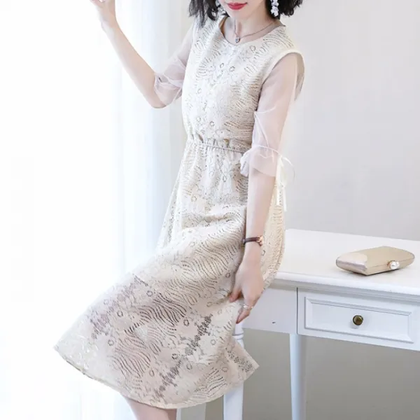 패션이루 시스루 쉬폰 레이스 원피스 여성 미디 플라워 여름