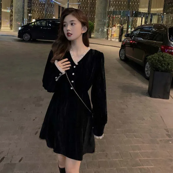 KORELAN겨울 치마 여혁본풍 블랙 스커트 프렌치 브이넥 벨벳 원피스