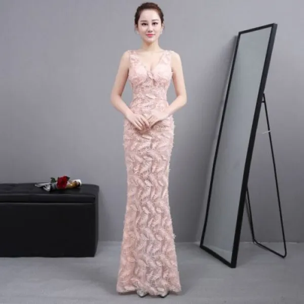 [해외] 현 딥 브이 넥 CHOENGSAM 핑크 긴 이브닝 드레스를 볼 QI PAO 여성 어 번체 류 호스트 드레스 QIPAO