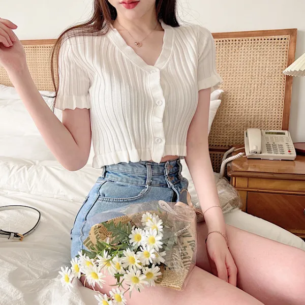 [데일리템/적극추천] 물결 프릴 골지 크롭 반팔 니트 가디건 티셔츠 5color