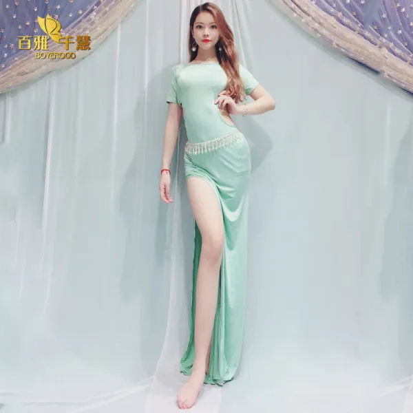 백아 천혜 벨리댄스 트레이닝 2020 봄신규 밀크 실크 원피스 춘하 동방춤 공연 의상, 라이트그린 반소매 바로구매 증정 고무