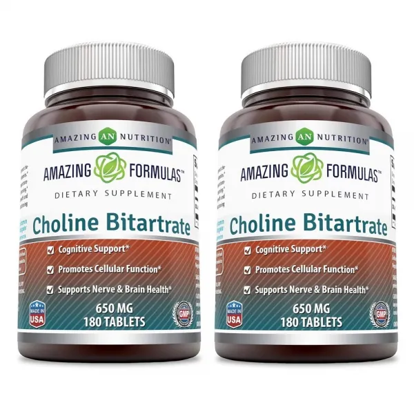 Amazing Nutrition 어메이징뉴트리션 주석산수소콜린 집중력 브레인포그 완화 영양제 650mg 180정, 1mg, 2개
