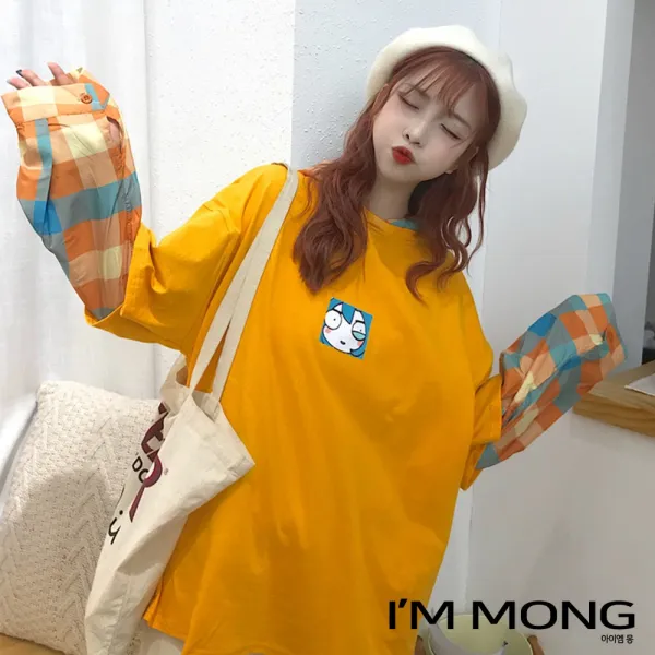 아이엠몽 여성 빅사이즈 후드티셔츠 체크패턴 루즈핏 오버핏 긴팔 BB222413JS 후드티