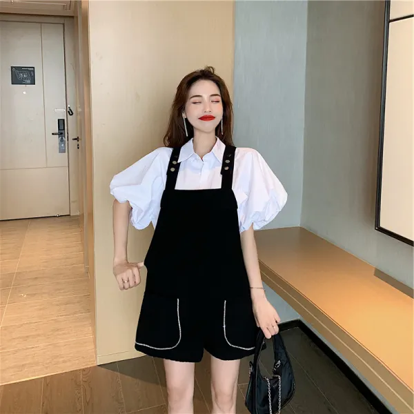카라넥 셔츠 초 가을 허세를 부려 익숙해지다 여승무원 직업 여신 무드 멜빵 와이드 팬츠 룩 여름 3693611821